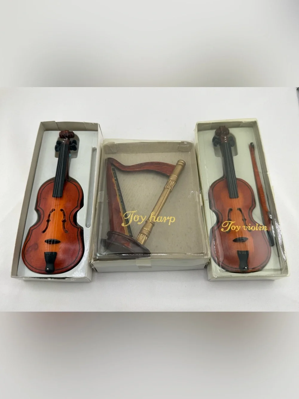 Dollhouse Miniature Instruments Lot – Vintage Joy Violin and Harp - 3 total